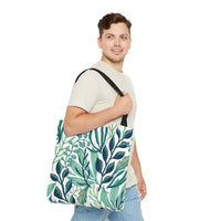 Green and White Botanical Pattern Tote Bag