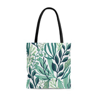 Green and White Botanical Pattern Tote Bag