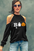 Cold Shoulder Boo Graphic Distressed Blouse